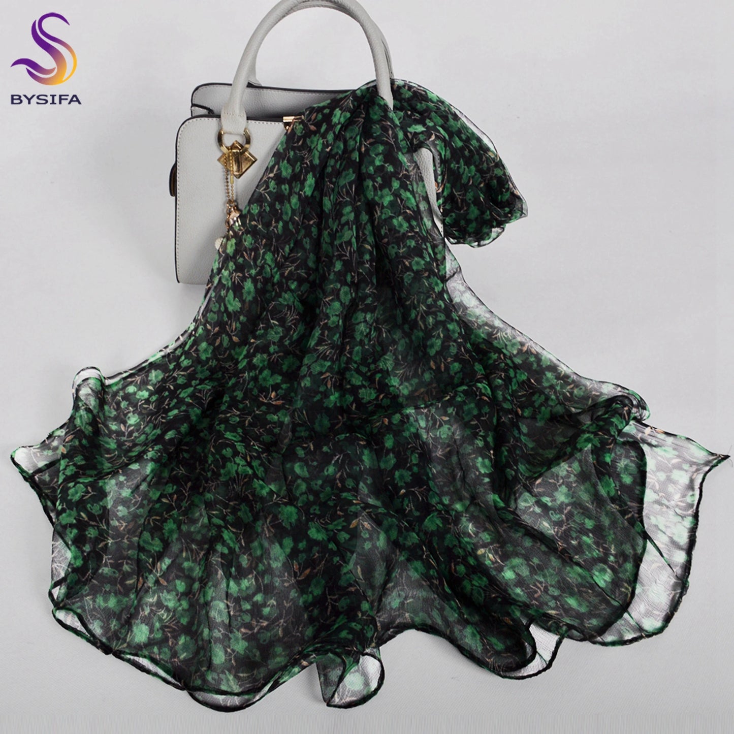 [BYSIFA] Red Black Women Long Silk Scarf Printed 170*105cm Fashion Leaves Pattern Brand 100% Pure Silk Shawl For Spring Autumn