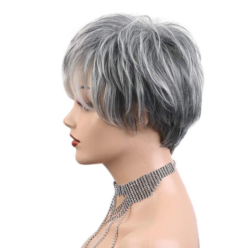 Short Pixie Cut Silvery Gray Blend Hair Wigs for Women with Bangs Ash Natural Straight Layered Human Hair Mixed Synthetic Fiber
