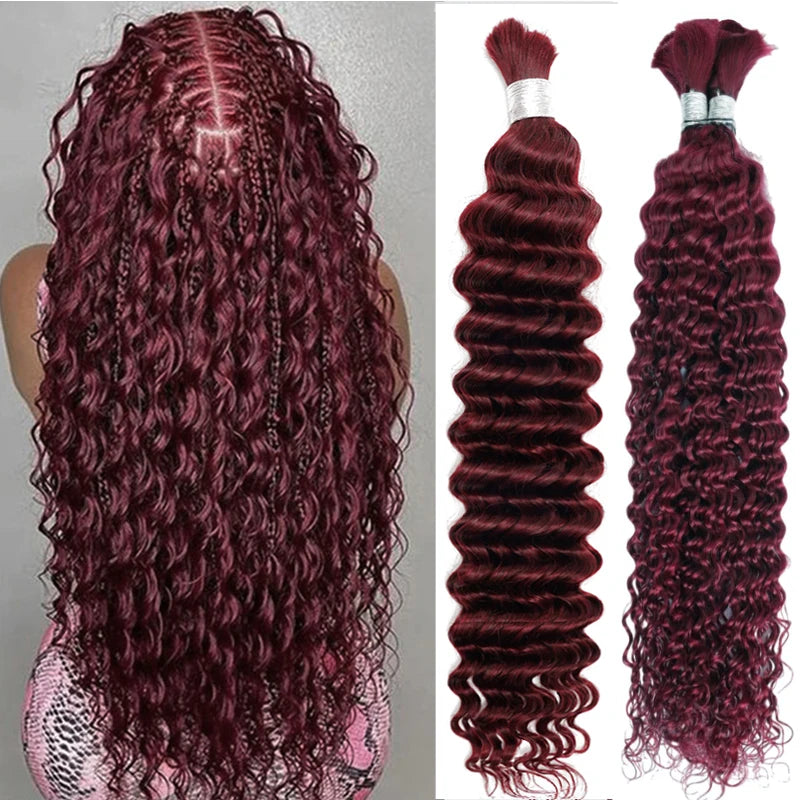 #99j Burgundy Human Hair Bulk for Braiding 16-24 inch Dark Wine Deep Wave Jerry Curly Boho Braids Hair Bulk Extension Bobbi Hair