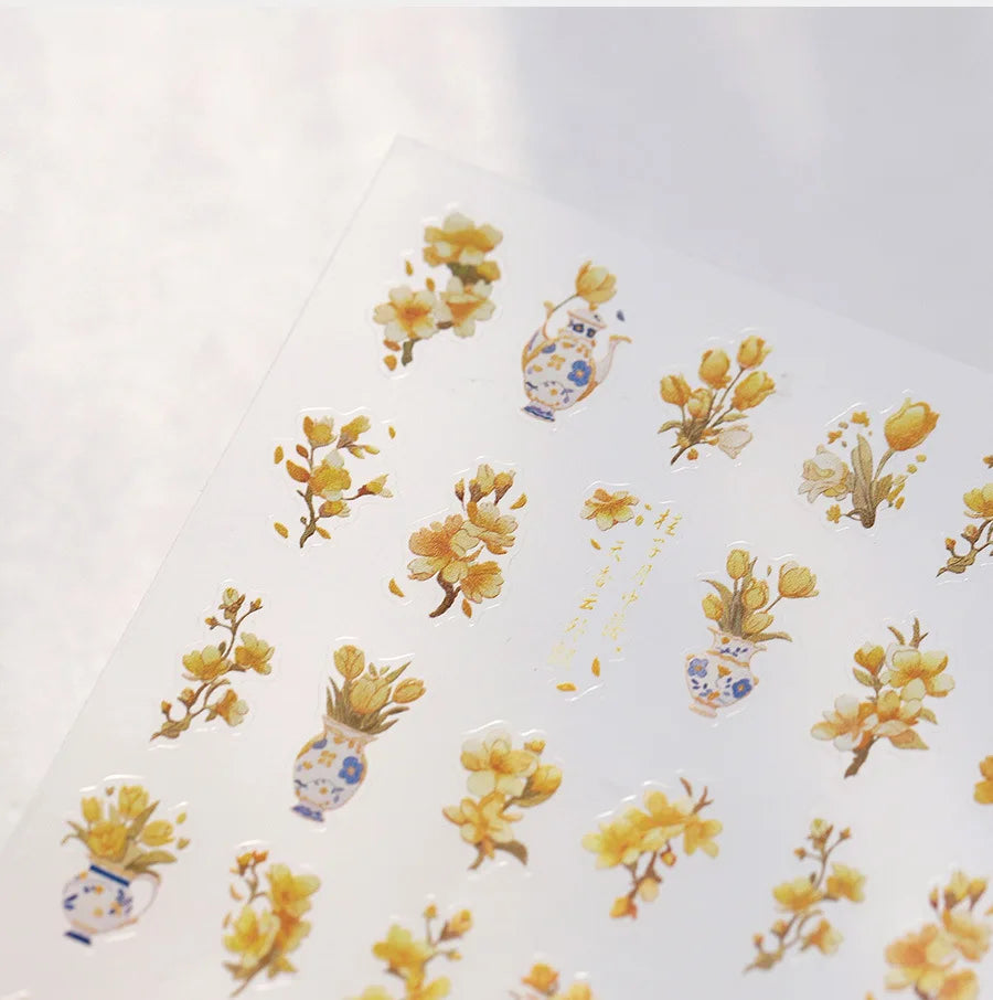 Yellow Autumn Osmanthus Flower Chrysanthemum Butterfly 5D Nail Art Sticker Chinese Character Vase Relief Adhesive Manicure Decal