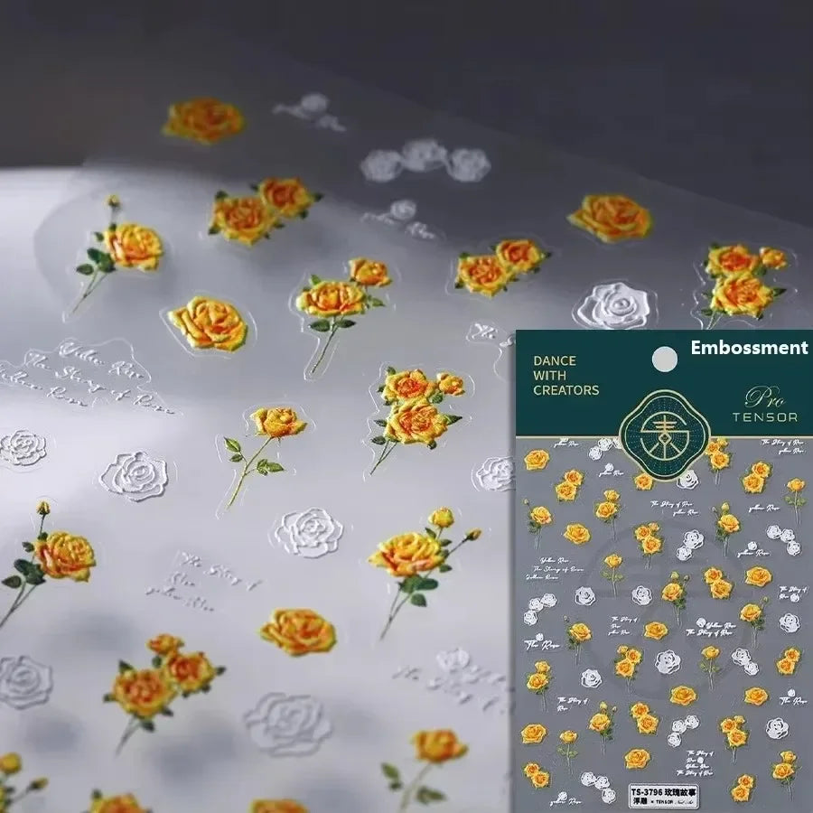 Yellow Autumn Osmanthus Flower Chrysanthemum Butterfly 5D Nail Art Sticker Chinese Character Vase Relief Adhesive Manicure Decal