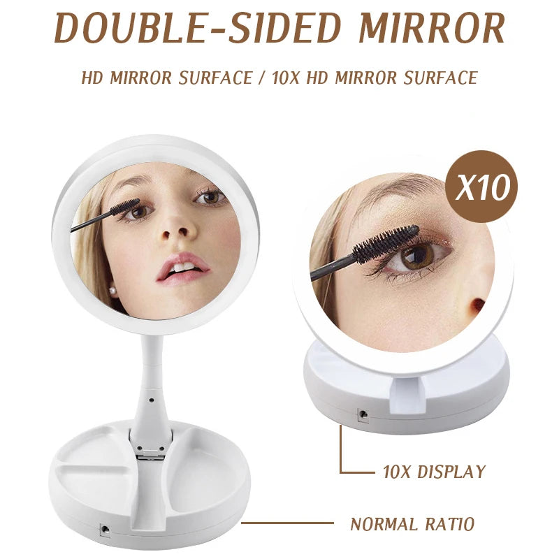 Dry Battery/USB Dual Purpose Double-Sided Mirror LED Makeup Mirror Portable Makeup Mirror Makeup Light With 10XMagnification