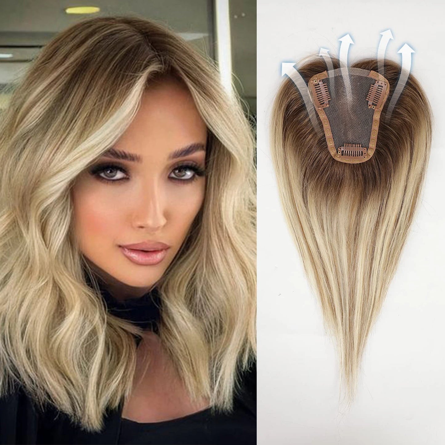 Women Human Hair Toppers Middle Part Ombre Light Brown Blonde Human Toupee Hair Pieces with Thinning Hair Base Clip in Toppers