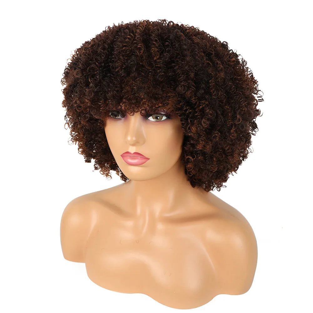 Short Afro Curly Wig with Bangs - Synthetic Natural Curly for Women