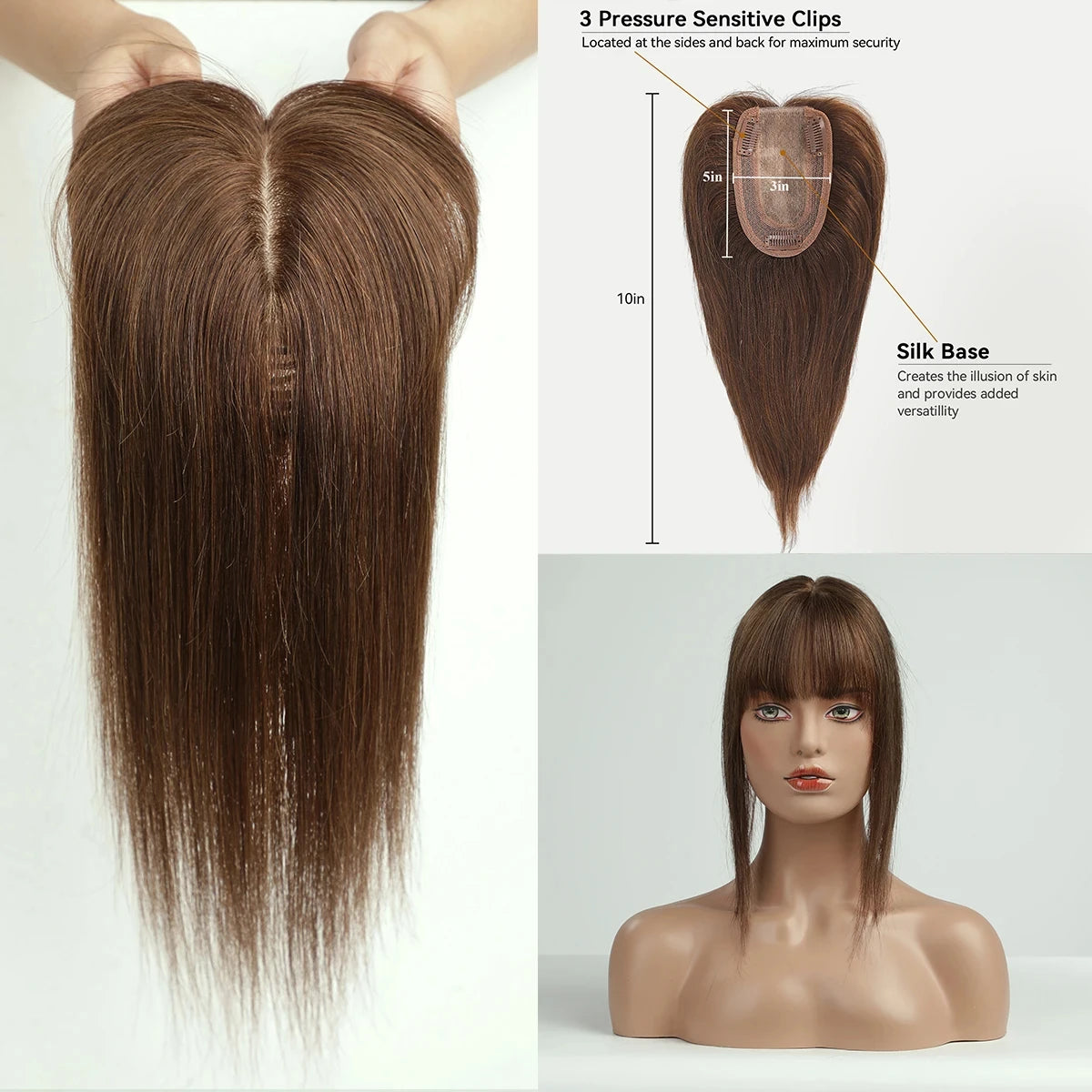 100% Remy Human Hair Toppers for Women Straight Brown Ombre 10inch Human Hair Topper with Bangs Silk Base Clip in Hair Extension