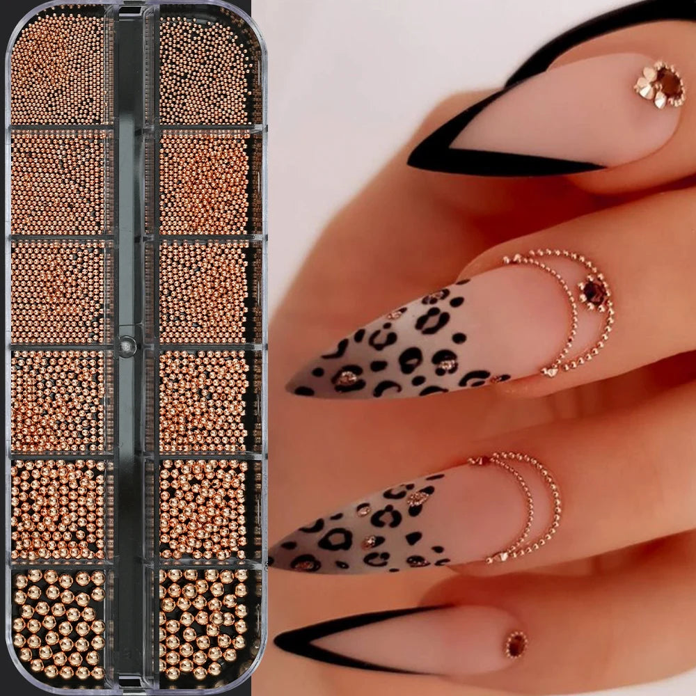 12 Grids 3D Golden Silvery Half Round Caviar Bead Nail Charms 1-5mm Flatback Micro Balls Punk Nail Beads DIY Manicure Beads Deco