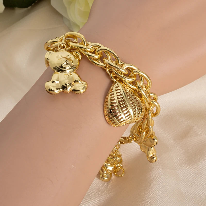 Cute Bear Heart Lock Matching Bracelets Set for Girls Teens Gold Plated Adjustable Bangle Best Friend Gift for Party