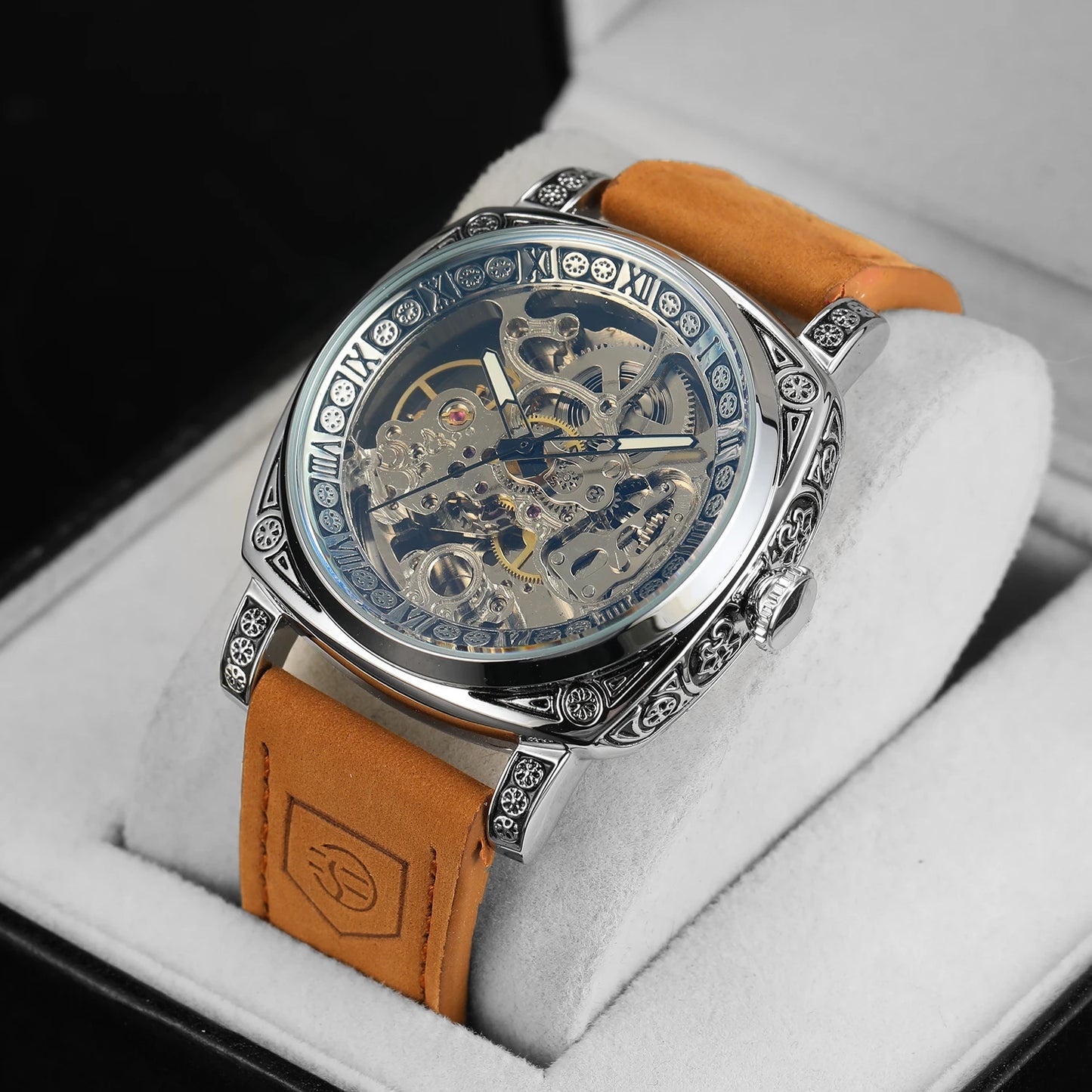 Forsining Royal Retro Skeleton Automatic Mechanical Watch for Men Leather Strap Business Casual Mens Watches Top Brand Gifts New