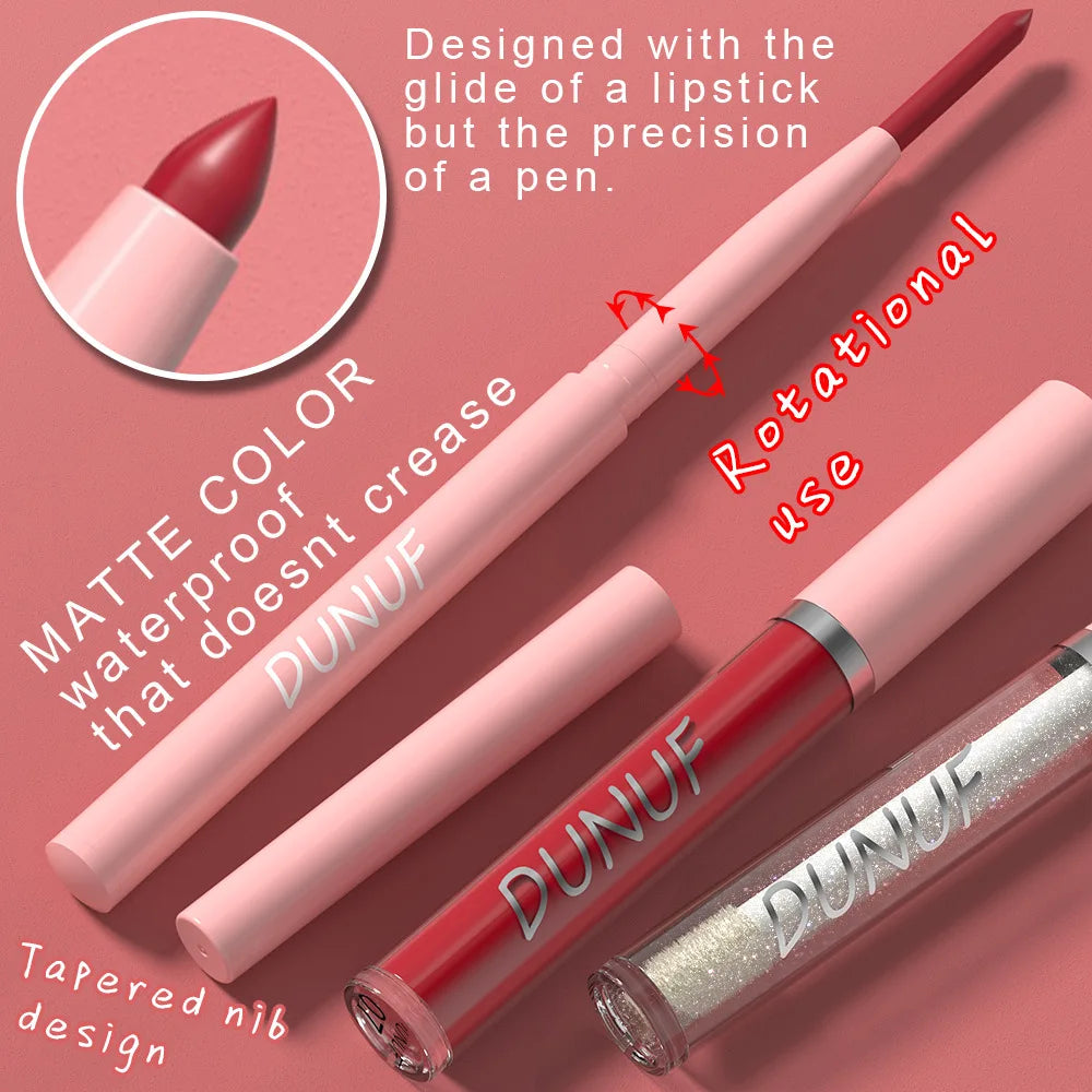 DUNUF 3 In 1 Matte Lipglaze Lip Liner Moisturize Clear Lip Oil Set Cosmetics Waterproof Long lasting Plumer Mirror Lips Gloss