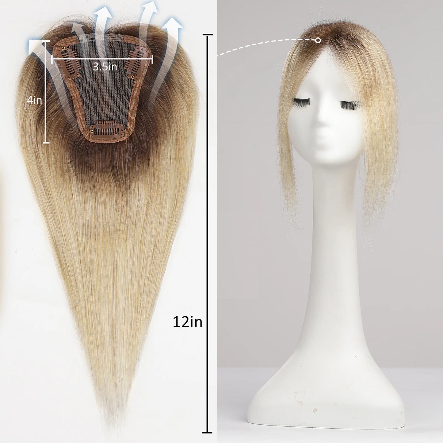 Women Human Hair Toppers Middle Part Ombre Light Brown Blonde Human Toupee Hair Pieces with Thinning Hair Base Clip in Toppers