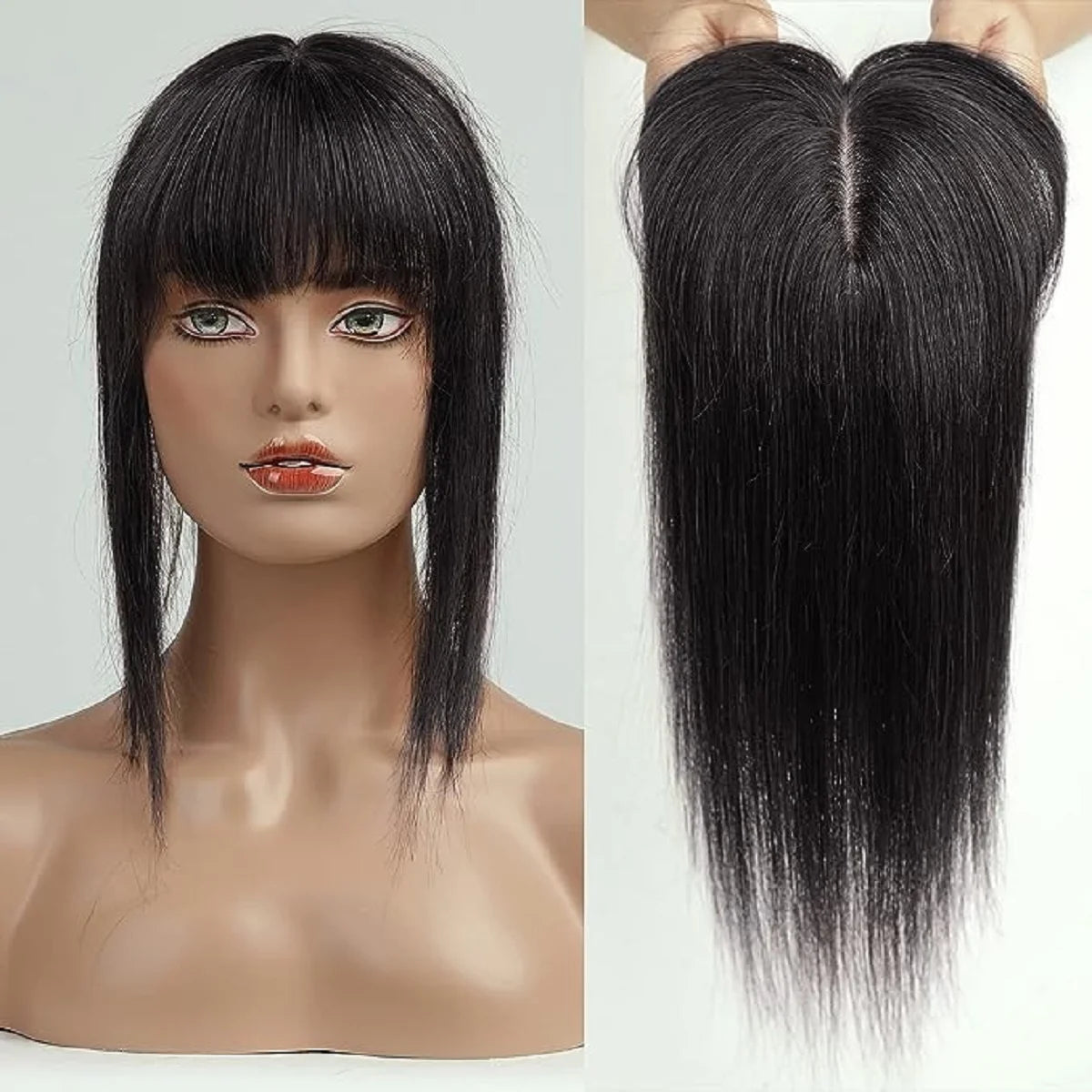 Brown Blonde Ombre 14 Inch Silk Base Human Hair Topper Remy Hair Clip In Top Piece for Women with Bangs Extensions for Thinning