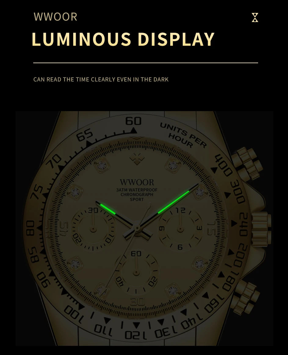 WWOOR 2024 New Mens Watches Top Brand Quartz Japanese Chronograph Stopwatch Waterproof Stainless Wristwatches Relogio Masculino