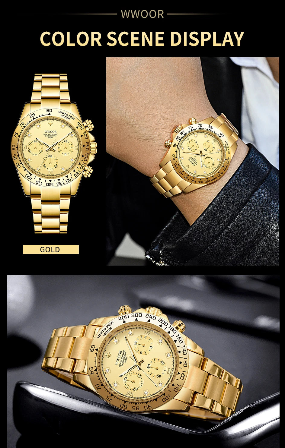 WWOOR 2024 New Mens Watches Top Brand Quartz Japanese Chronograph Stopwatch Waterproof Stainless Wristwatches Relogio Masculino