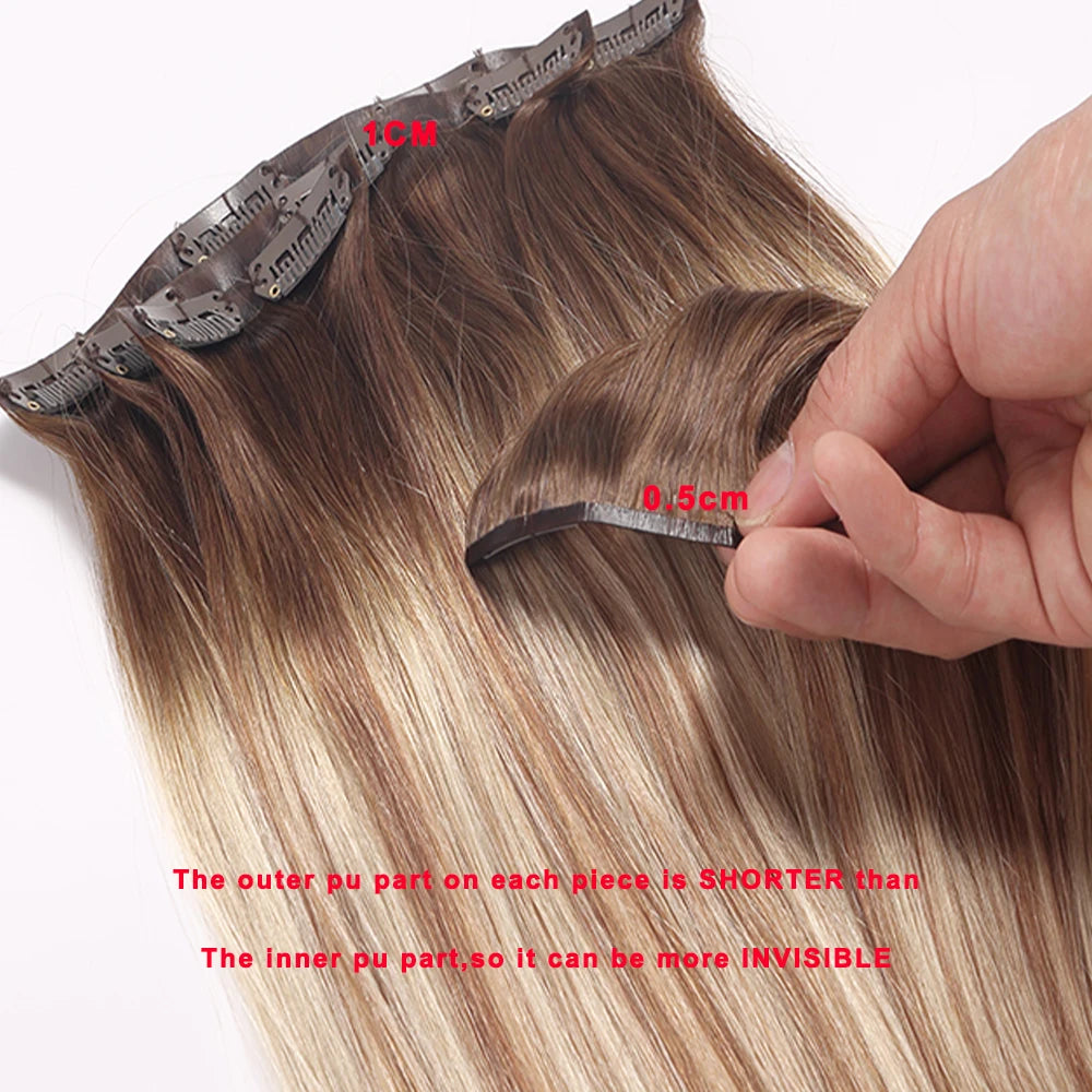 Wholesale Real Clip ins Russian Human Hair 100% Remy Hair Raw Pu Natural Straight Invisible Seamless Clip in Hair Extension