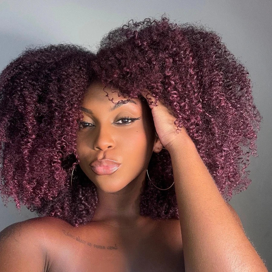 99J Short Afro Kinky Curly Bob with Bangs - Burgundy Glueless Human Hair