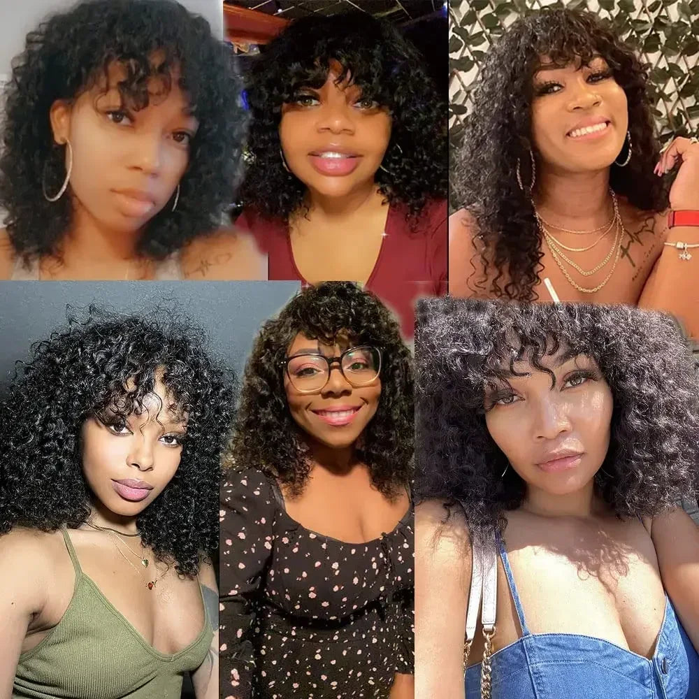 Curly Human Hair Wigs Machine Made Scalp Top Wig With Bangs  200% Density Shoulder-Grazing Curly Wig with Wispy Bangs