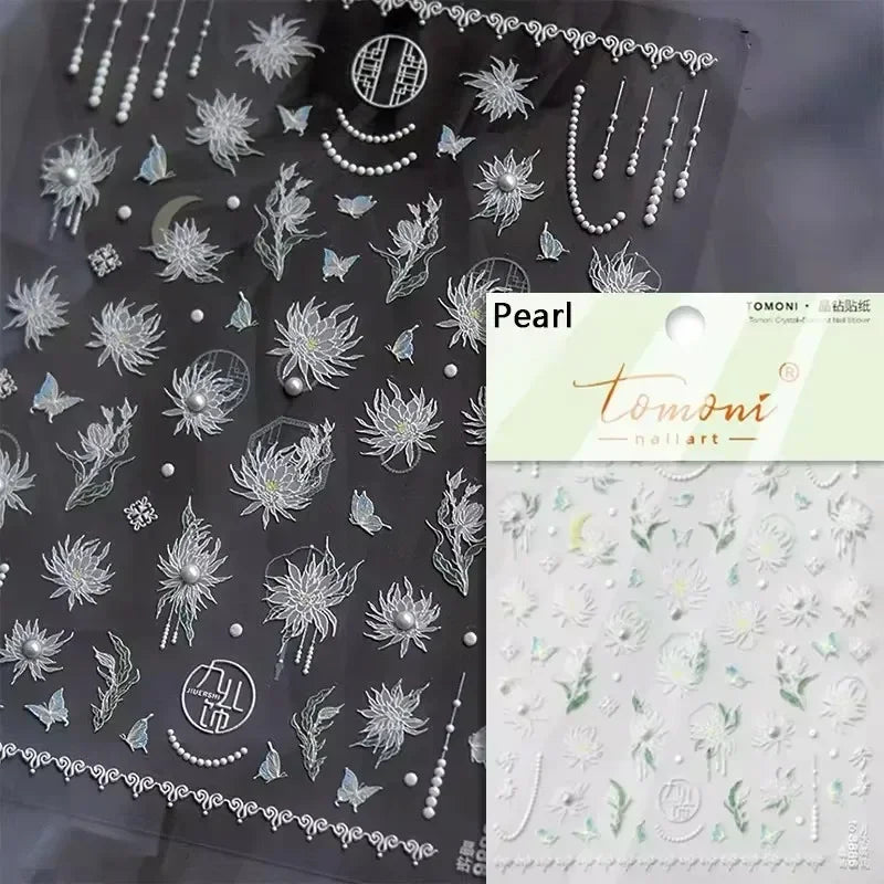 Yellow Autumn Osmanthus Flower Chrysanthemum Butterfly 5D Nail Art Sticker Chinese Character Vase Relief Adhesive Manicure Decal