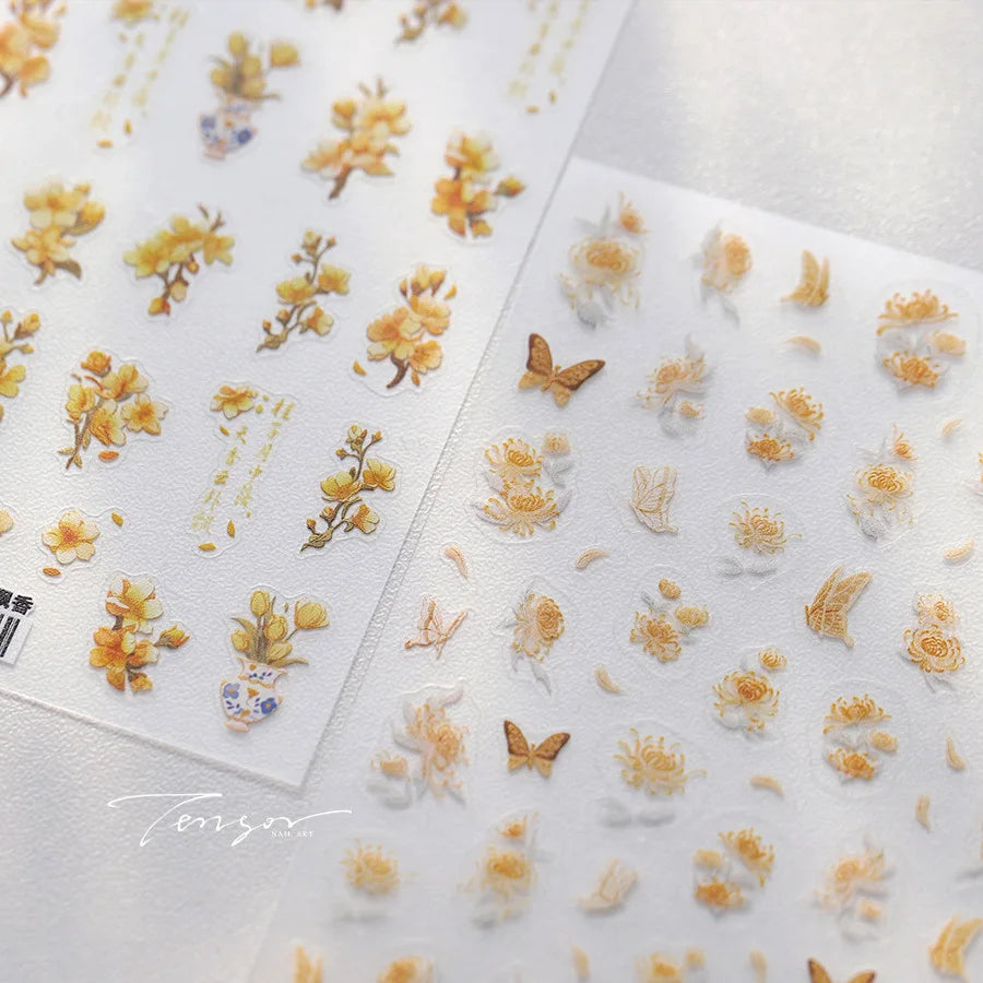 Yellow Autumn Osmanthus Flower Chrysanthemum Butterfly 5D Nail Art Sticker Chinese Character Vase Relief Adhesive Manicure Decal
