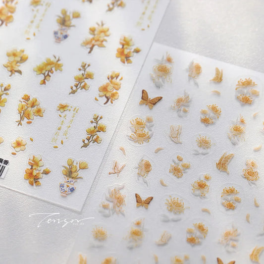 Yellow Autumn Osmanthus Flower Chrysanthemum Butterfly 5D Nail Art Sticker Chinese Character Vase Relief Adhesive Manicure Decal