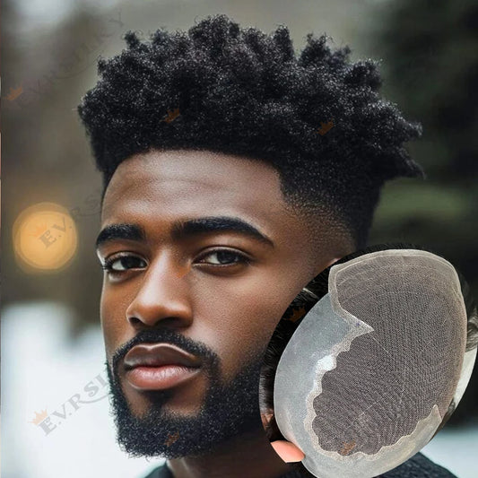 6mm Afro Kinky Curly Men Toupee - Lace & PU Base with Bleached Knots