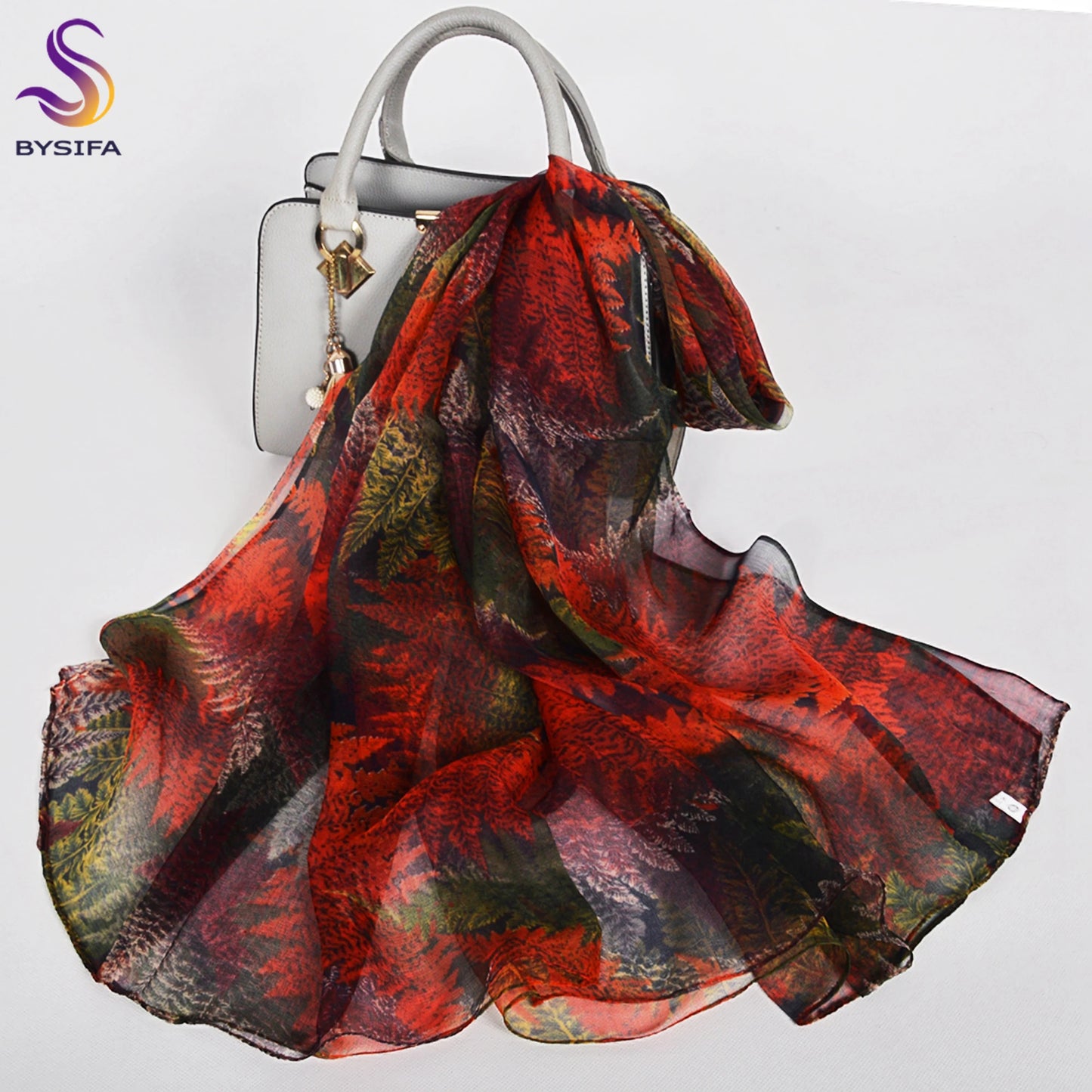 [BYSIFA] Red Black Women Long Silk Scarf Printed 170*105cm Fashion Leaves Pattern Brand 100% Pure Silk Shawl For Spring Autumn
