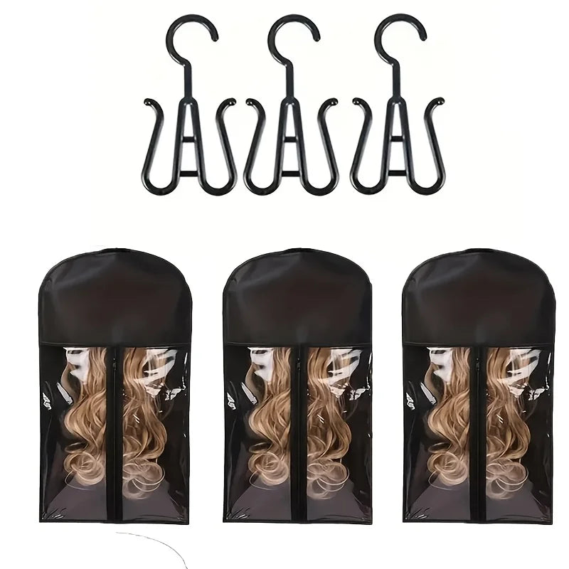 3pcs Wig Storage Set with Hooks Transparent Dust Bags Non-Woven Moisture-Proof Cover for Wigs Hairpieces Organizer Holder