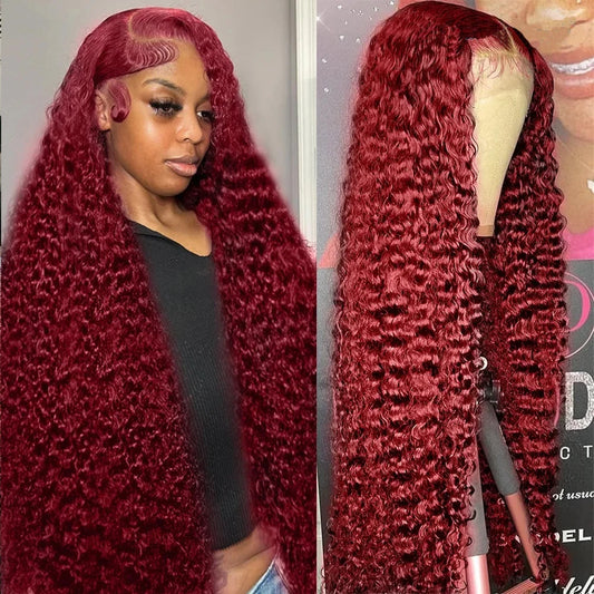Curly Burgundy 13x6 Hd Lace Front Human Hair Wig Red Wigs For Women Transparent Lace 5x5 13x4 Deep Wave Frontal Wig 99j