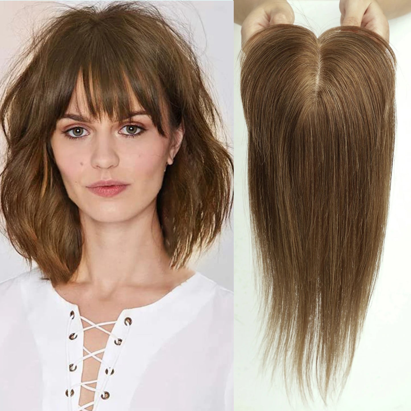 Brown Blonde Ombre 14 Inch Silk Base Human Hair Topper Remy Hair Clip In Top Piece for Women with Bangs Extensions for Thinning