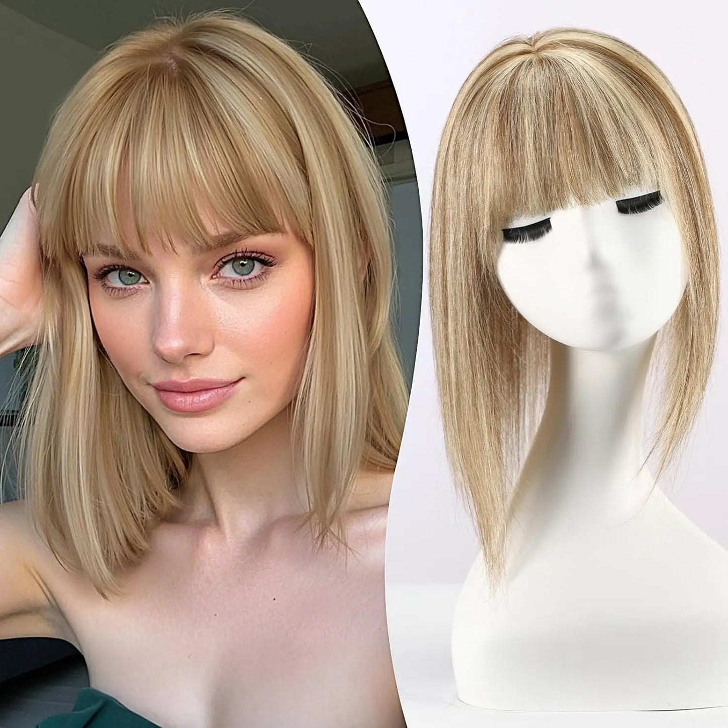 Brown Mixed Blonde Human Hair Topper with Bangs Natural Silk Straight Clip in Hair Extensions for Women with Thinning Hair 12 In