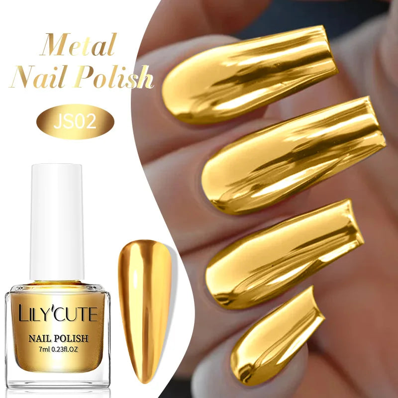 LILYCUTE 7ML Bright Gold Metallic Nail Polish No Need Lamp Quick Dry French Style Glass Bottle Manicure Nail Art Varnish