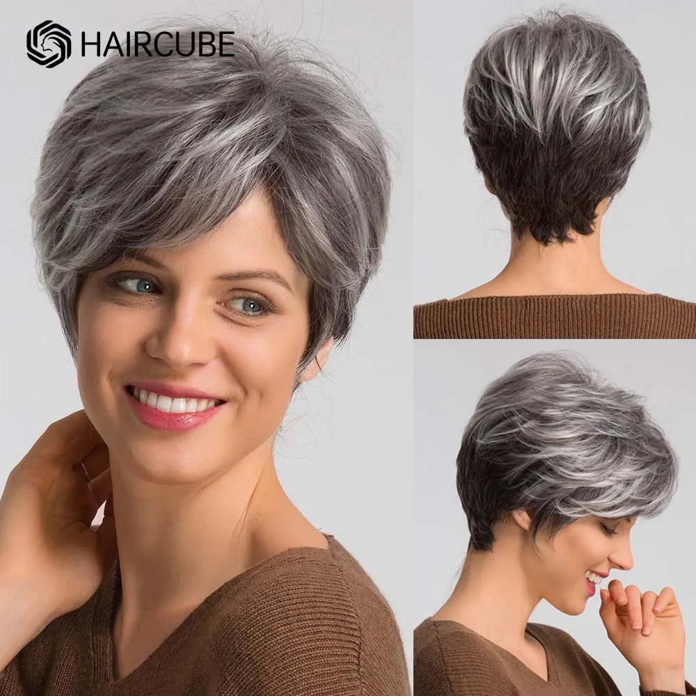 Short Pixie Cut Silvery Gray Blend Hair Wigs for Women with Bangs Ash Natural Straight Layered Human Hair Mixed Synthetic Fiber