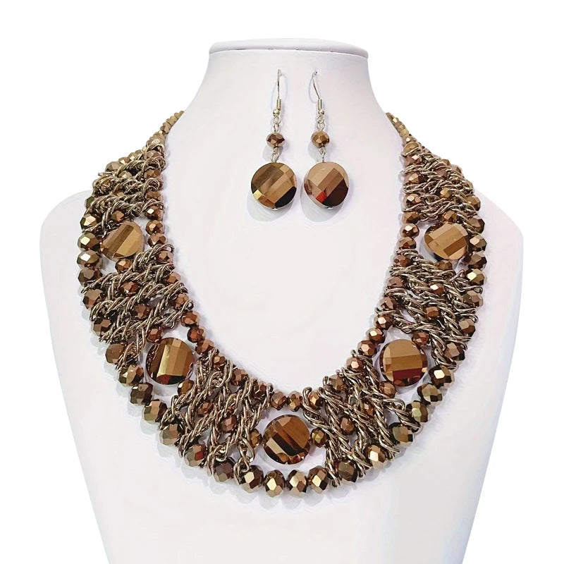 1 necklace +1 pair of earrings, 3 rows of artificial crystals, handmade, Bohemian style, perfect for everyday gifts!