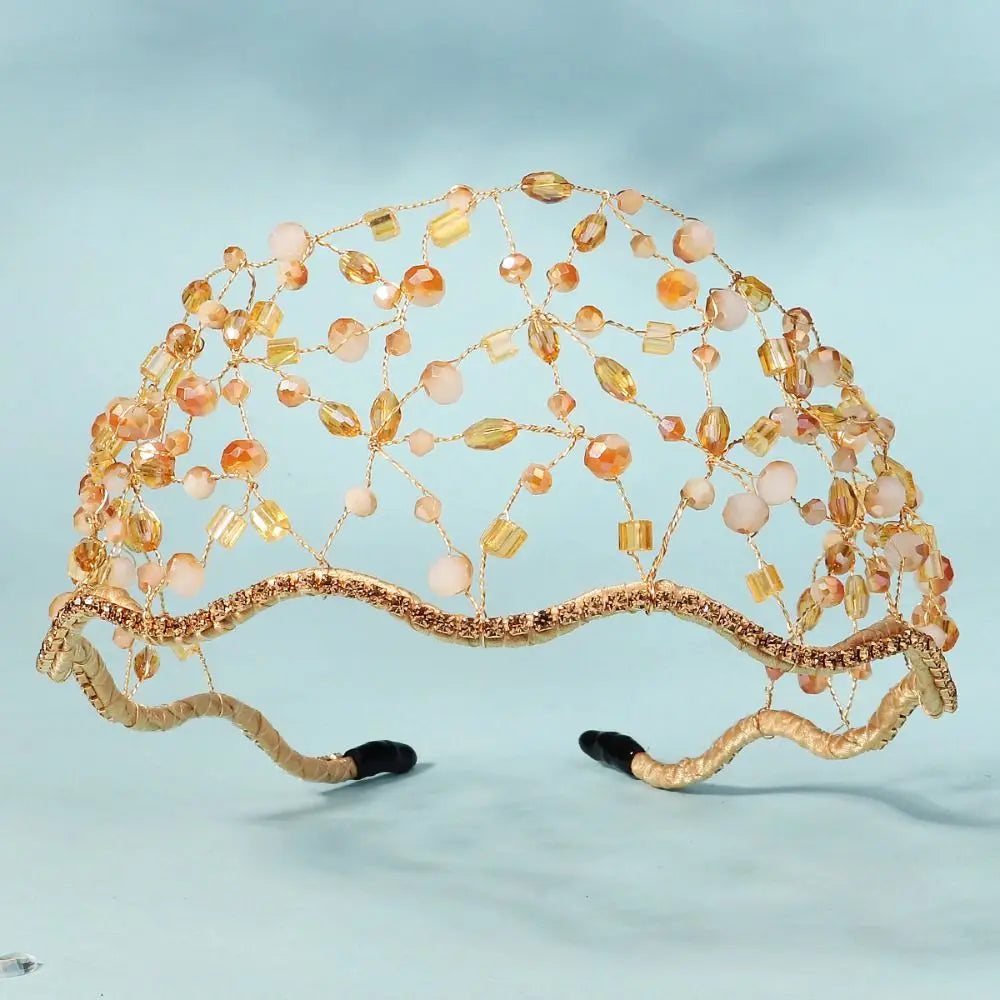 Handmade Crystal Beads Hair Net Crown Wedding Headpieces Hair Jewelry Sparkling Rhinestone Tiara Hair Hoop Elegant Headbands