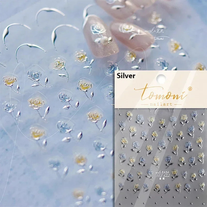 Yellow Autumn Osmanthus Flower Chrysanthemum Butterfly 5D Nail Art Sticker Chinese Character Vase Relief Adhesive Manicure Decal