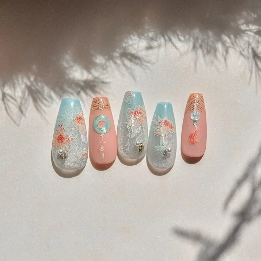 Yellow Autumn Osmanthus Flower Chrysanthemum Butterfly 5D Nail Art Sticker Chinese Character Vase Relief Adhesive Manicure Decal