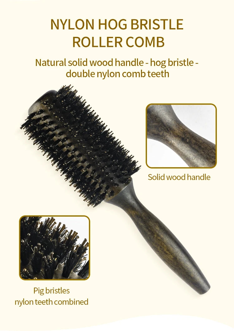 Professional High Quality 63 mm Boar Bristle Hair Wood Round Brush Long Hair Styling Comb Curly And Straight Hairdressing Comb