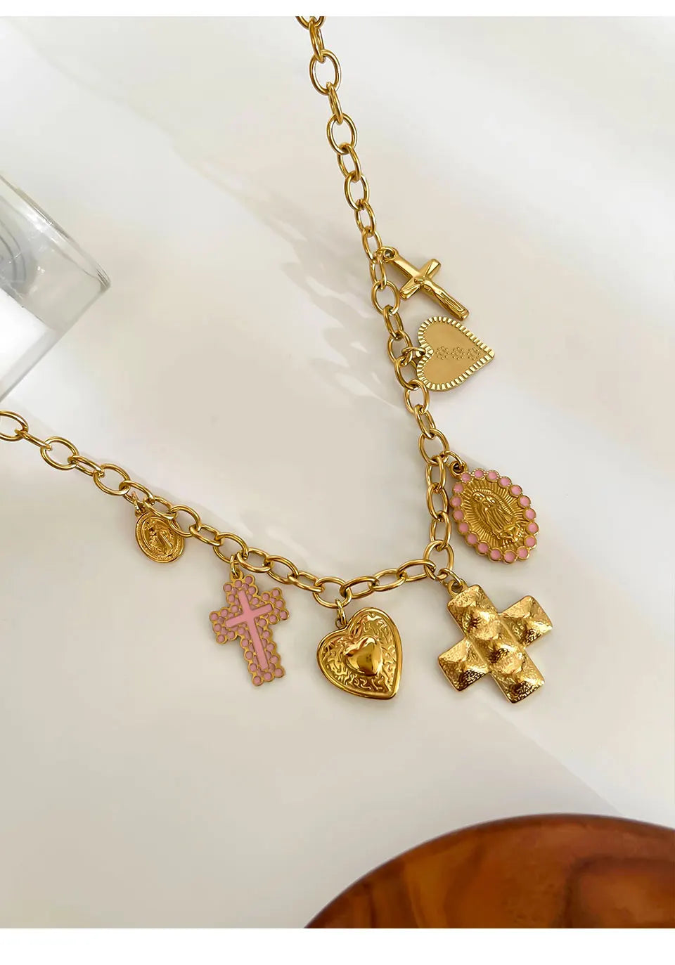 Peri'sbox Anti-Tarnish Fashion 18K Gold Plated Cross Heart Oval Pendant Necklace Creative Design Stainless Steel Women's Jewelry