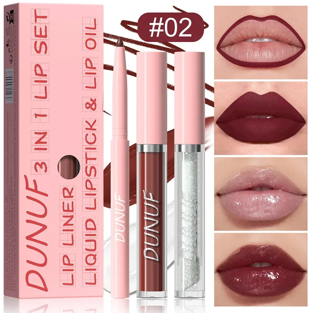 DUNUF 3 In 1 Matte Lipglaze Lip Liner Moisturize Clear Lip Oil Set Cosmetics Waterproof Long lasting Plumer Mirror Lips Gloss