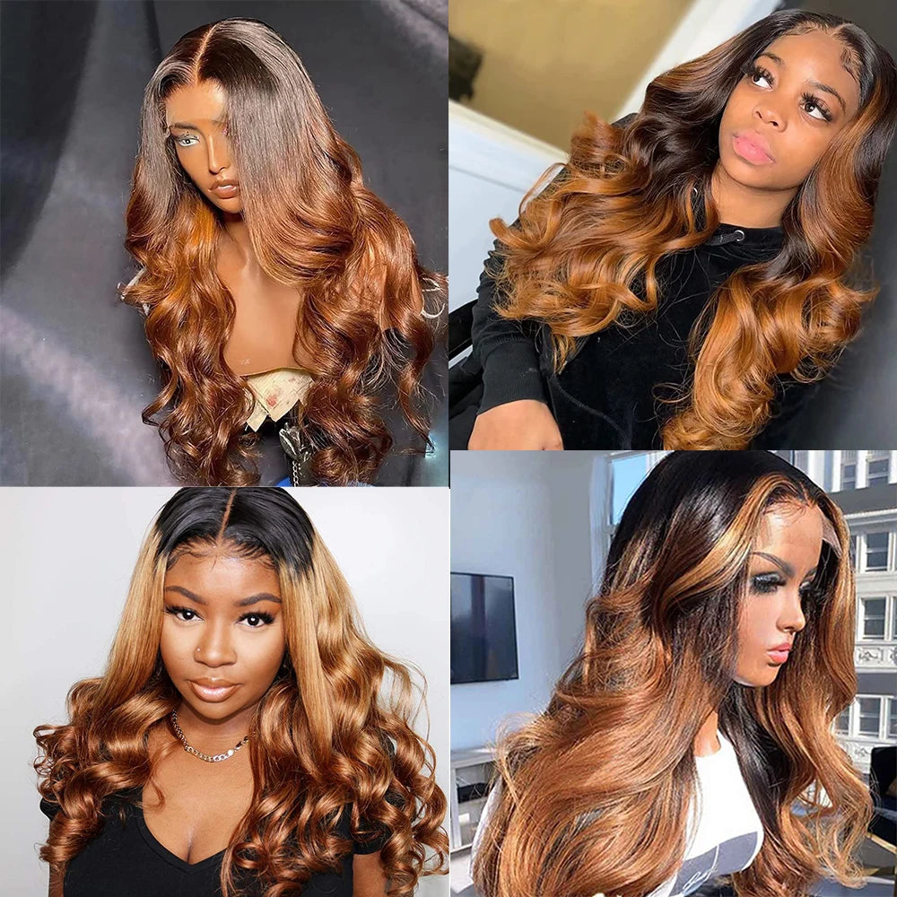 1B 30 Ombre Body Wave Human Hair Wigs 180% Density HD Transparent Lace Frontal Wigs 13x4 Lace Front Wig Pre Plucked Glueless Wig