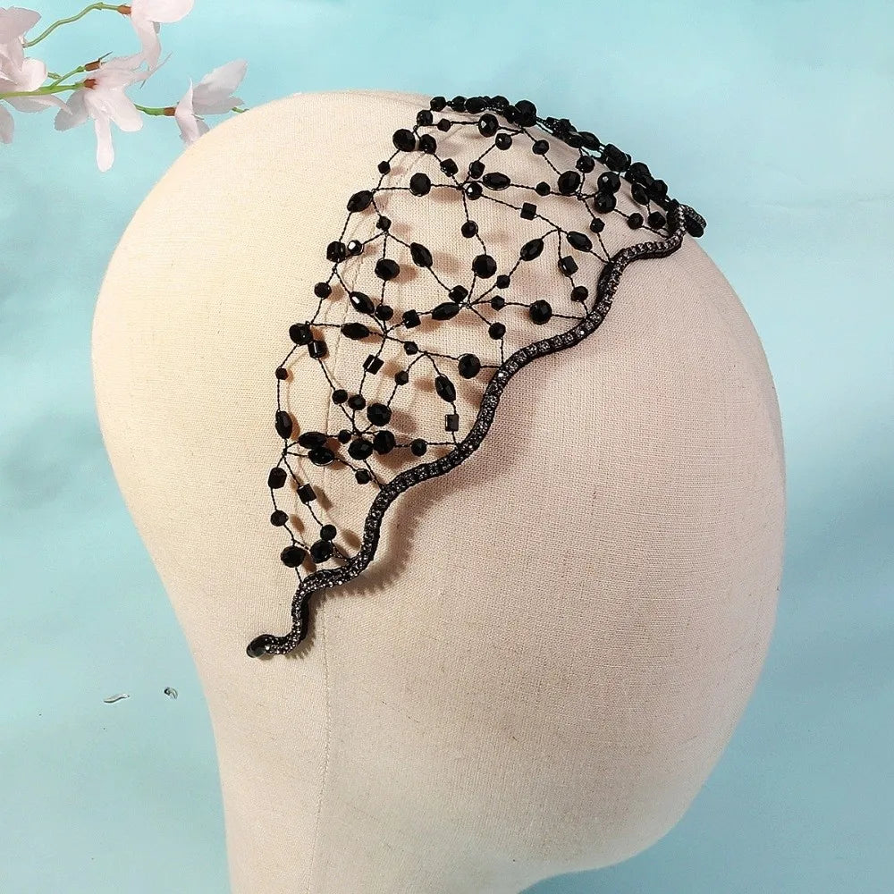 Handmade Crystal Beads Hair Net Crown Wedding Headpieces Hair Jewelry Sparkling Rhinestone Tiara Hair Hoop Elegant Headbands