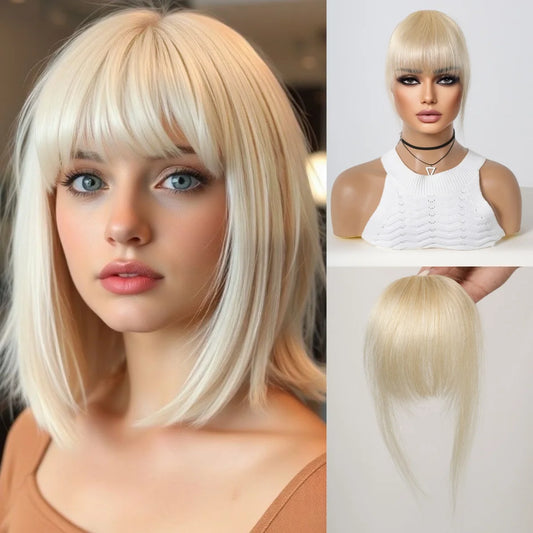Clip in Bangs Hair Pieces Blonde Bangs Clip in Bangs Natural Color Fringe with Temple Real Human Hair for Women Easy Wear