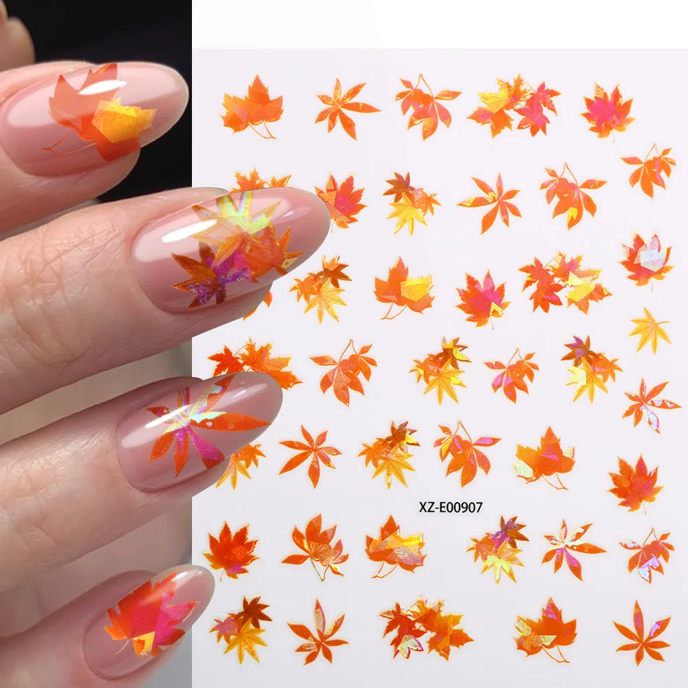 12Pcs Fall Maple Leaf Nail Decals Holographic Laser Maple Leaves Nail Art Sticker Self-Adhesive Thanksgiving Day Nail Decoration