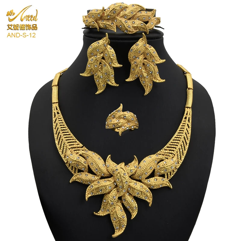 ANIID Nigerian Jewelery Set Wedding Jewelry For Women Dubai 24K Gold Color Jewlery African Designer Earrings Bridal Necklace