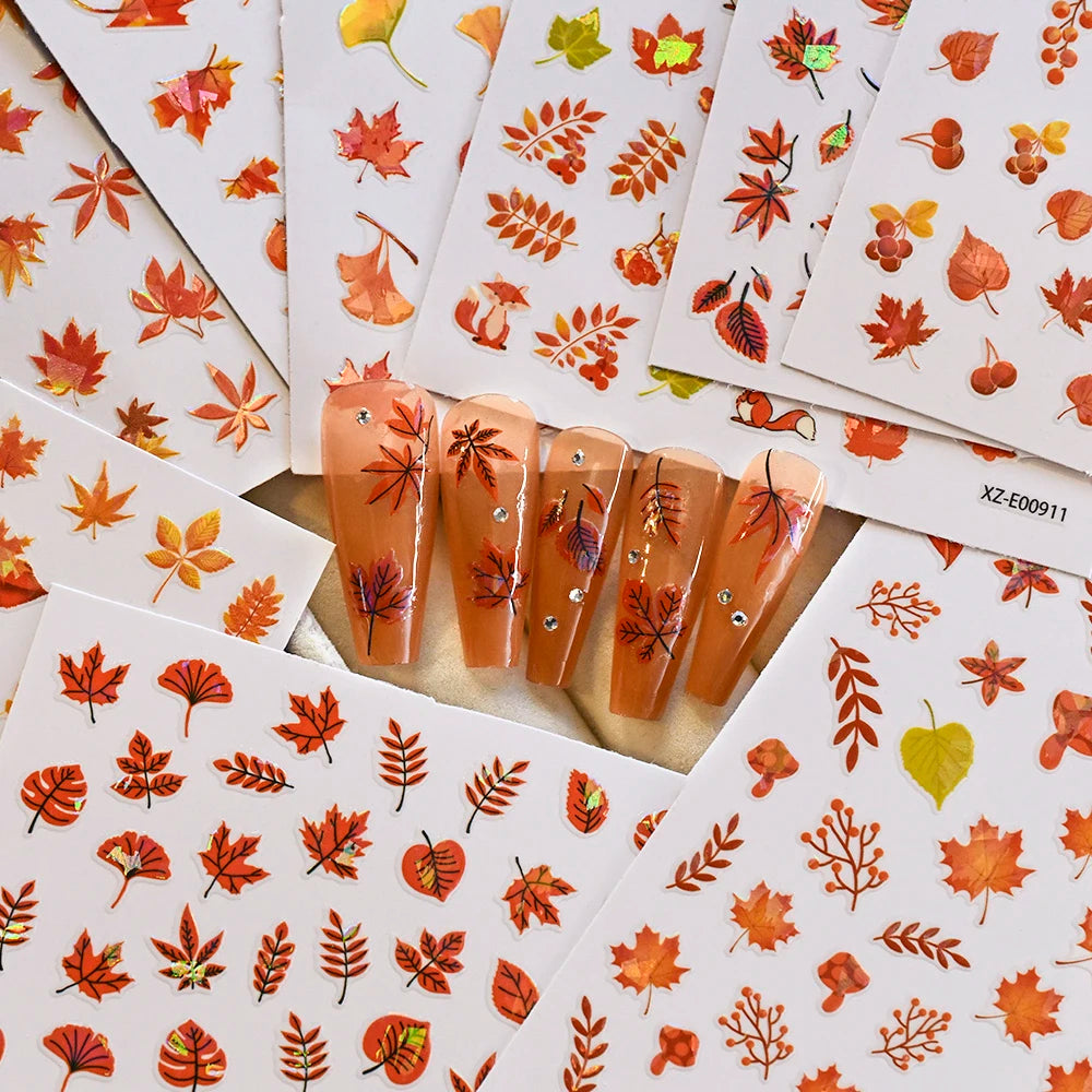 12Pcs Fall Maple Leaf Nail Decals Holographic Laser Maple Leaves Nail Art Sticker Self-Adhesive Thanksgiving Day Nail Decoration