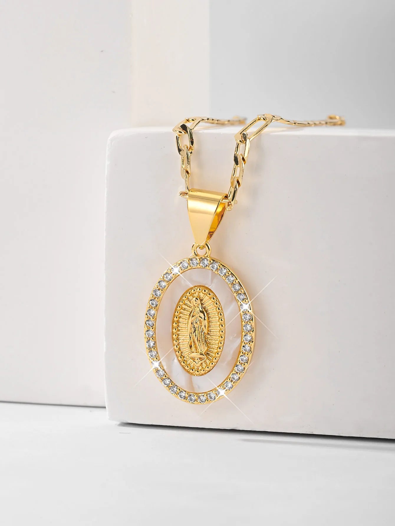 FanSibao women jewelry zircon inlaid enamel Virgin Mary religious pendant necklace suitable for gift giving