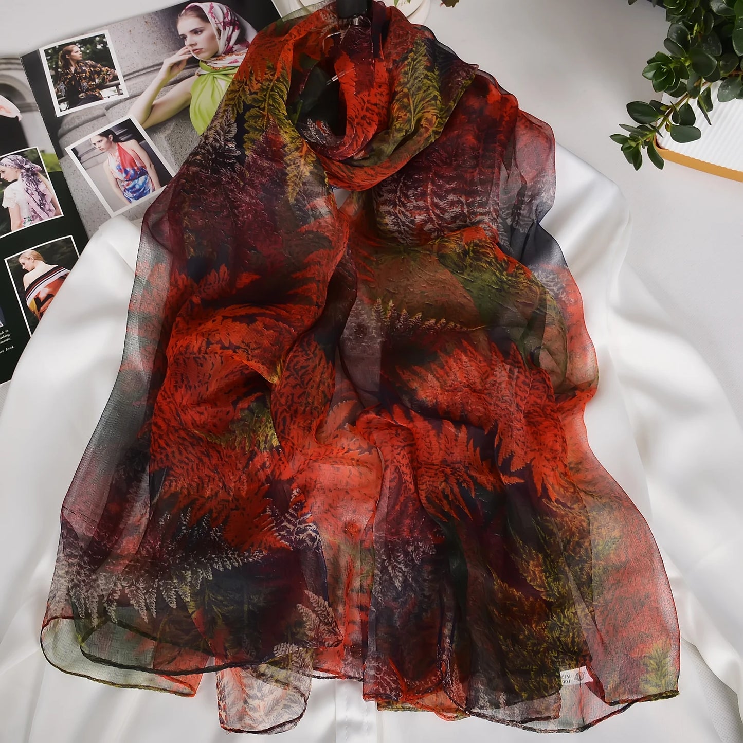 [BYSIFA] Red Black Women Long Silk Scarf Printed 170*105cm Fashion Leaves Pattern Brand 100% Pure Silk Shawl For Spring Autumn