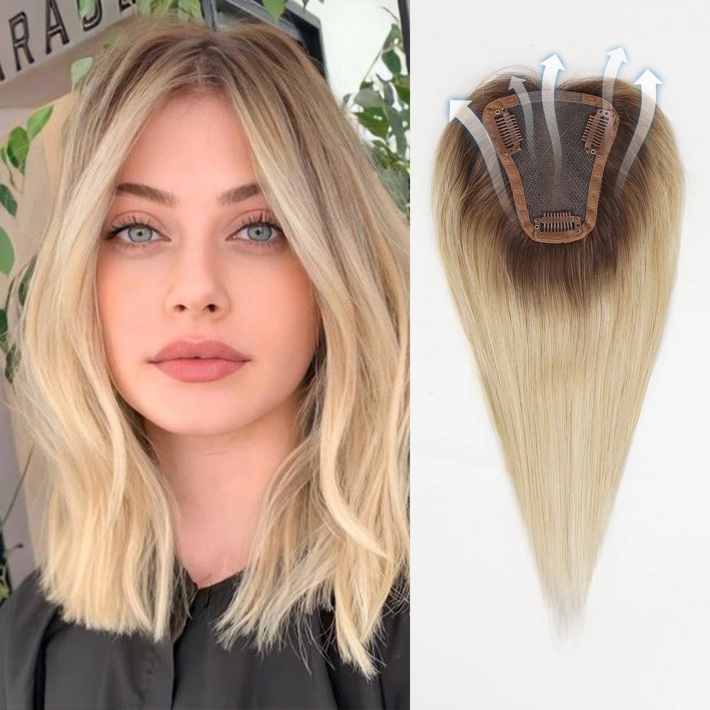 Women Human Hair Toppers Middle Part Ombre Light Brown Blonde Human Toupee Hair Pieces with Thinning Hair Base Clip in Toppers