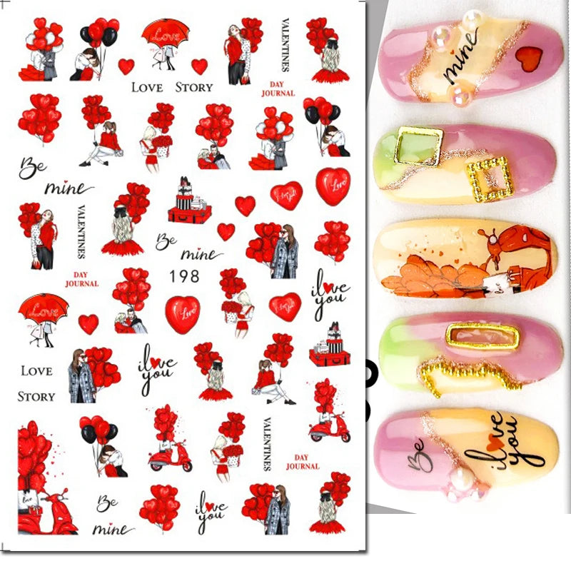 3d Pink Hearts Balloon Valentine Day Love Letters Nail Art Stickers Adhesive Sliders Nail Decals Decoration Manicure Accessories