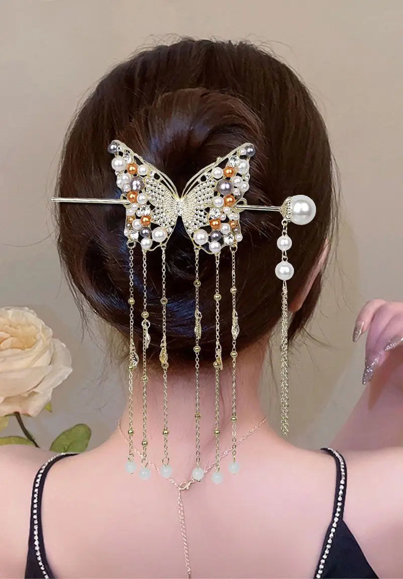 Luxury Pearl Butterfly Hairpin - Colored Alloy Hair Clip with Tassels