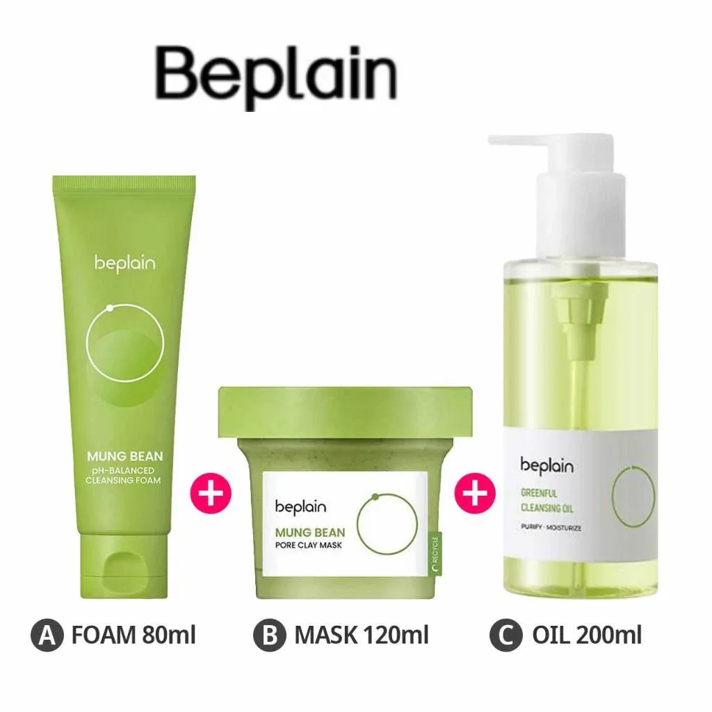 Brand New Beplain Green Bean Sensitive Skin Gentle Facial Cleanser+Mud Mask+Makeup Removal Oil Care Set